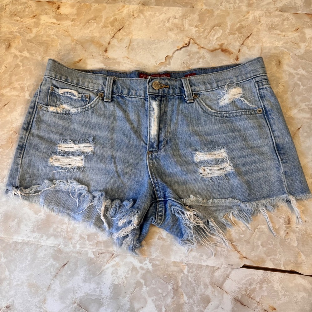 Lucky Brand The Cut Off Shorts Women 8 29 Blue Distressed Frayed Raw Hem Denim